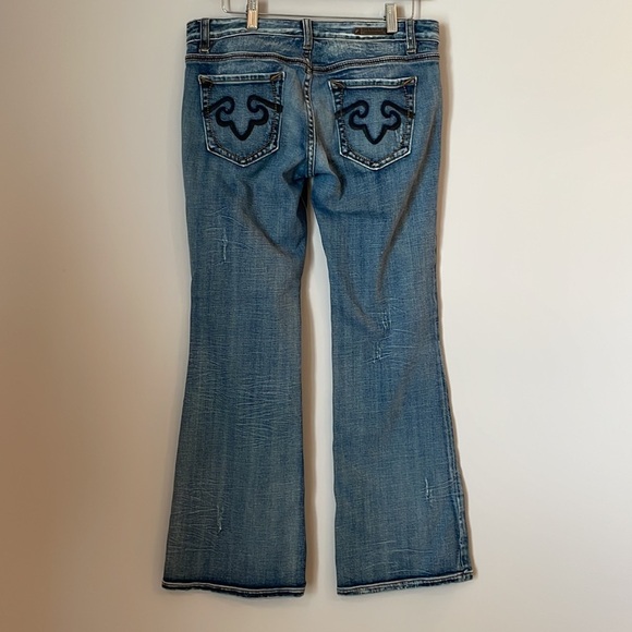 Rerock For Express Jeans SZ 8R Stretch Distressed Bootcut Design on Pockets - Picture 10 of 13